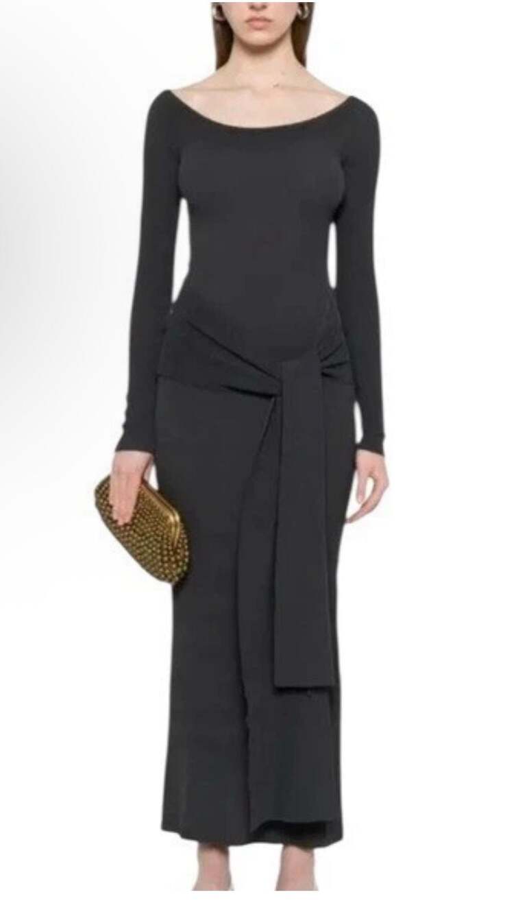 Aya Muse stretchy Maxi Dress with Tie-Detail Size L NWT wide neck